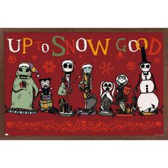 a group of cartoon characters standing in front of a sign that says up to snow god