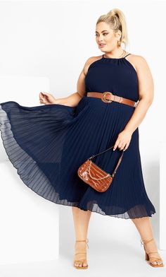 HALTER PLEAT DRESS NAVY Midi Dress Wedding, Midsize Outfit, Pleat Dress, Formal Occasion Dress, Dresses Date Night, Plain Dress, Dress Halter, Date Night Dresses, The Navy