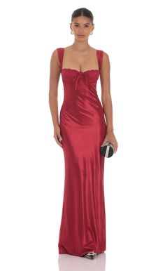 Satin Lace-Bust Dress in Red Red Fitted Satin Dress For Formal Occasions, Fitted Satin Evening Dress With Lining, Red Satin Lined Dresses, Fitted Lined Satin Dress, Red Formal Dresses, Cute Formal Dresses, Red Silk Dress, Winter Formal Dresses, Long Red Dress