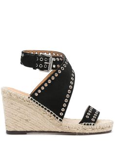 black calf suede metal eyelet detailing round open toe crossover strap detail branded insole 85mm braided raffia wedge heel leather sole buckle-fastening ankle strap Espadrilles Black, Wedge Espadrilles, Black Espadrilles, Espadrille Shoes, Isabel Marant, Wedge Heels, Crossover, Calf Leather, Ankle Strap