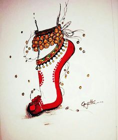 a drawing of a red shoe with beads on it