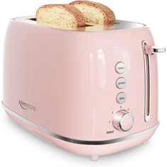 a pink toaster with two slices of bread on it