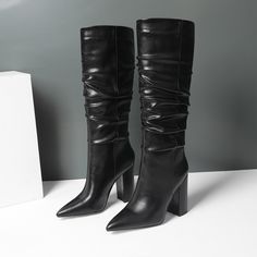 Shop Black Chunky Heel Womens Slouchy Boots Knee High Boots with Pointy Toe color Black for Dancing Club, School, Travel, Work with worldwide Free shipping & Free return. Women's Motorcycle Boots, Boots Knee High, Black Chunky Heels, Slouchy Boots, Point Shoes, Casual Flat Shoes, Pointed Toe Shoes, Fashion High Heels, Boots Knee