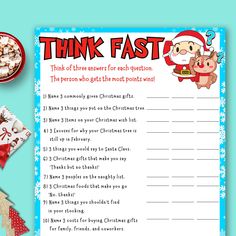 a printable think fast christmas game with santa's helper and other items