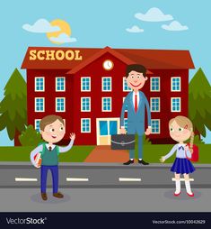 two children and an adult standing in front of a school building with a clock on it