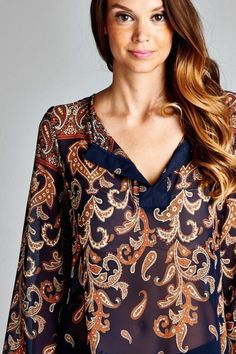 Women's Long Sleeve Paisley Print Top in Multi Colors Fall Paisley Print V-neck Blouse, Fall V-neck Blouse With Paisley Print, Trendy Long Sleeve Tops With Paisley Print, Blue Paisley Print Top For Fall, Casual Paisley Print Tops For Fall, Fall Multicolor Paisley Print Blouse, Flowy Printed Tops For Fall, Trendy Long Sleeve Blouse With Paisley Print, Fall Paisley Print Flowy Blouse