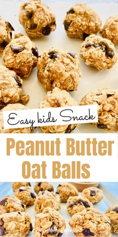 easy no bake peanut butter oat balls on a white plate with text overlay