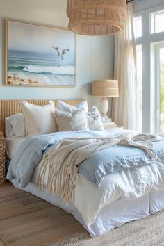 a bedroom with a large bed covered in blue and white linens next to a window