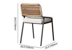 the measurements for an outdoor dining chair with wicker back and seat, shown in front of a white background