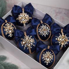 six blue christmas ornaments in a white box