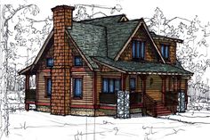 this is an artist's rendering of a small log cabin house with porches