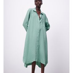 Full Cut Flowy Dress With Lapel Collar And V-Neckline With Below-The-Elbow Length Cuffed Sleeves. Front Patch Pocket. Asymmetric Hem With Side Vents. Front Button Closure. M: Armpit To Armpit 21”, Length 48” L: Armpit To Armpit 22”, Length 48” Color Sea Green Zara V-neck Shirt Dress For Daywear, Green V-neck Shirt Dress For Day Out, Green V-neck Shirt Dress, Asymmetrical Hem Shirt Dress For Summer Daywear, Summer Asymmetrical Hem Shirt Dress For Daywear, Summer Daywear Shirt Dress With Asymmetrical Hem, Green Tunic Dress For Daywear, Spring Shirt Dress With Asymmetrical Hem For Day Out, V-neck Viscose Shirt Dress For Summer