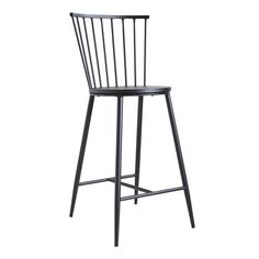 a black metal bar stool with a wooden seat and backrest on an isolated white background