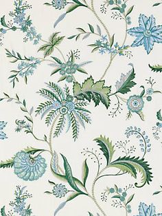 a blue and green floral wallpaper with leaves, flowers, and vines on it