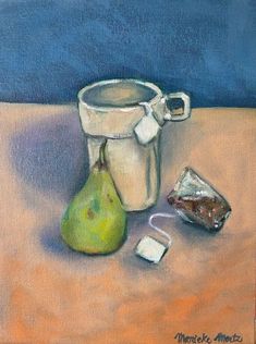 a painting of a cup, pear and some pieces of chocolate on a table top