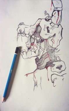 a pencil drawing of a skeleton holding a knife with blood on it's face