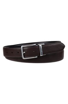 Polished hardware fastens this smooth leather belt that reverses from black to brown to double your wearing options. 1 1/4" belt width Leather/polyurethane Imported Brown Belt Buckles For Workwear, Leather Belts And Suspenders With Removable Belt For Work, Classic Brown Belt Buckles For Work, Brown Leather Belt Buckles For Work, Classic Brown Belt Buckle For Office, Leather Belt Buckles With Belt For Office, Classic Brown Belt For Business Casual, Classic Brown Belts For Business Casual, Business Leather Belt Buckles With Removable Belt