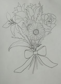 a drawing of flowers in a vase with a ribbon tied around the bottom and two roses on each side