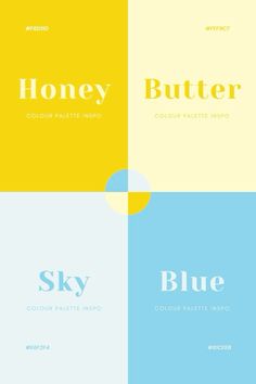 four different colored squares with the words honey, blue, yellow and white on them