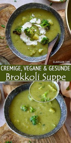 Collage cremige, vegane & gesunde Brokkoli Suppe Broccoli Soup Recipes Healthy Dairy Free, Broccoli Soup No Dairy, Vegan Creamy Broccoli Soup, Vegan Brocolli Cheese Soup, Vegan Broccoli Soup, Food Inspo