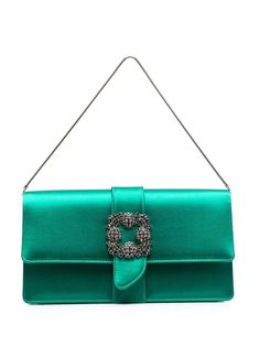 emerald green satin finish decorative buckle detail crystal embellishment front flap closure single shoulder strap main compartment Manolo Blahnik Clutch, Green Manolo Blahnik, Manolo Blahnik Green, Clutch Outfit, Embellished Clutch, Velvet Clutch, Chanel 2, Green Satin