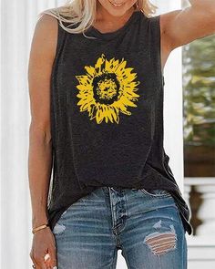 HOT SELLING ! FREE SHIPPING  Order Over $80 BUY 3 USE 8% OFF  CODE : 8OFF Descriptions: Style: Casual Sleeve Type: Sleeveless Clothing Length : Regular Collar: Crew Neck Material : Polyester Pattern Type : Floral Tops Type : Tank Tops Season: Summer, Spring Color: Grey, Navy Size: S, M, L, XL Package included: 1 *  Top Note Due to the difference between different monitors, the picture may not reflect the actual color of the item.   Shipping Receiving time = Processing time + Shipping time   Retu Graphic T Shirt Outfit, T Shirt Outfit, Sleeveless Outfit, Graphic Tank Tops, Sunflower Print, Casual Tank Tops, Sleeveless Tshirt, Print Tank, Printed Tank Tops