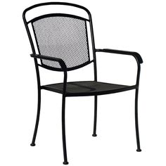 a black metal chair with armrests and back rests on an isolated white background