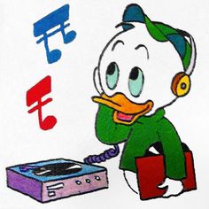 a drawing of a ducky with headphones and a record player next to it