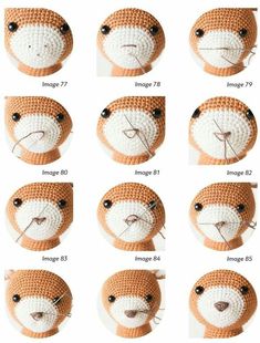 instructions to crochet a stuffed animal with different facial expressions and head shapes for the eyes