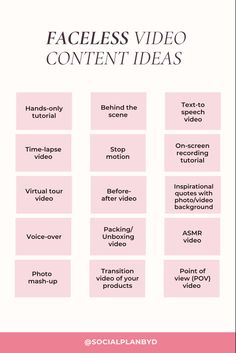 a pink and white poster with the words faceless video content ideas