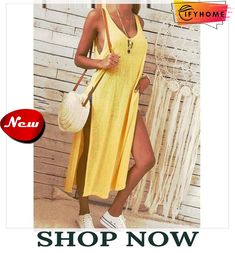 Summer Women's Solid Color Split Sleeveless V-neck Loose Casual Party Bohemian Dress Holiday Beach Sundress Summer Holiday Style, Prom Dresses Boho, Beach Sundress, Solid Tank Tops, Holiday Beach, Split Dress, Swimsuit Dress, Prom Dresses Long With Sleeves, Holiday Style