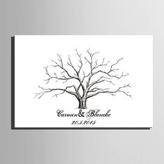 a couple's wedding date is shown on a white background with a tree in the middle