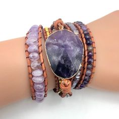 Purple multi-bead and crystal stone leather wrap bracelet in classic bohemian style is a true work of art. Add to any ensemble for a beautiful rustic accent. Details Item Type: Fashion Bracelets Metal Type: Zinc Alloy Material: Leather,Crystal Length: 83.0+4.0cm Purple Crystal Bracelet, Yoga Bracelet Beads, Lavender Quartz, Genuine Leather Bracelet, Crystal Fashion, Beaded Wrap Bracelets, Stylish Bracelet, Bohemian Bracelets, Natural Stone Bracelets