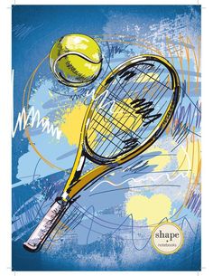 a drawing of a tennis racket and ball on a blue grungy background