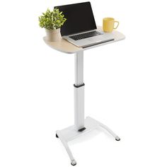 a laptop computer sitting on top of a white stand with a potted plant next to it