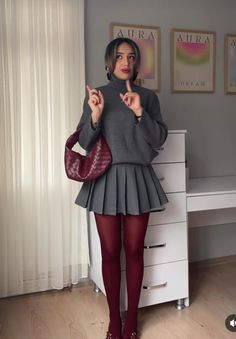 Navy Blue Stockings Outfit, Skort Outfit Elegant Winter, Gray Burgundy Outfit, Tube Dress With Shirt Underneath, Burgundy Pantyhose Outfit, Outfits With Burgundy Boots, Design Tights Outfit, Burgundy Shoes Outfit Women, Gray And Burgundy Outfit