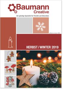 the cover of baumann creative's winter 2019 catalog, featuring candles and decorations