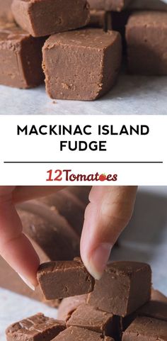 chocolate fudges stacked on top of each other with text overlay that reads, mackinac island fudge