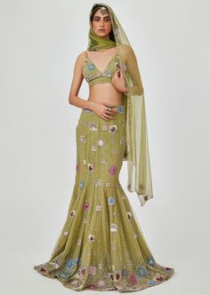 Olive net mermaid skirt and bustier embellished, appliqued and mirror worked. Aisha Rao, Blouse Pictures, Green Mermaid, Beaded Neckline, Mermaid Skirt, Olive Color, Glamour Fashion, Bridal Lehenga, Indian Design