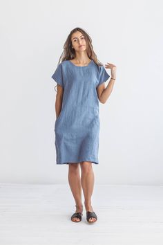 "DESCRIPTION: ♥ 100% natural European linen; ♥ safe Oeko-TEX® Standard 100 certified linen fabric ♥ softened midweight linen (185 g/m2) ♥ with short sleeves ♥ with pockets ♥ with belt FIT ♥ length from the lower to the upper seam is about 37.4 inches / 95 cm ♥ measurements taken from a size S ♥ model with long hair is 170 cm and wearing a size S ♥ model with shorter hair is 173 cm and wearing a size S SIZE CHART: XS: Bust 30.7\"- 32.7\" (78-83 cm) , Waist 23.6\"- 25.6\" (60-65 cm), Hips 33.5\"- Model With Long Hair, Gray Summer Dress, Short Hair Model, Blue Linen Dress, Summer Midi Dress, Shorter Hair, Summer Linen Dresses, Midi Dress Summer, Dress With Belt