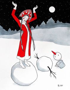 a drawing of a woman standing next to a snowman