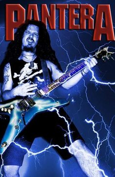 a man with long hair holding a guitar in his hands and lightning behind him is the caption for pantera