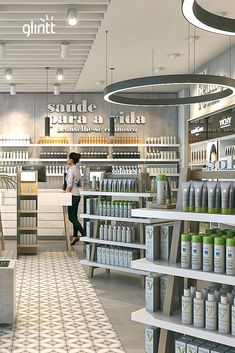 an artist's rendering of the inside of a store with shelves and bottles on display