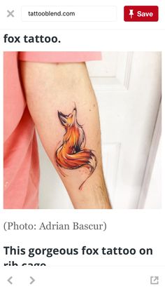 a tattoo on the arm of a person with a red fox head and black tail