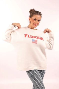 Florida Sweatshirt – 9Teen Boutique White Long Sleeve Cotton Sweatshirt, White Cotton Long Sleeve Sweatshirt, White Long Sleeve Sweater With Letter Print, Fleece Long Sleeve Top With Letter Print, Fleece Tops With Letter Print And Long Sleeves, Long Sleeve Fleece Top With Letter Print, College Long Sleeve Fleece Sweater, Long Sleeve Fleece Sweater For College, White Cotton College Sweater