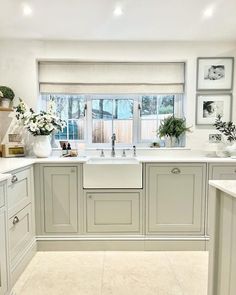 a white kitchen with gray cabinets and pictures on the wall above the sink, along with potted plants