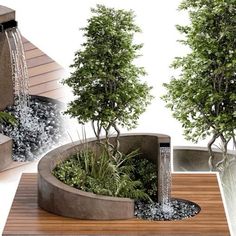 an outdoor water feature with trees and plants in the center, on a wooden deck