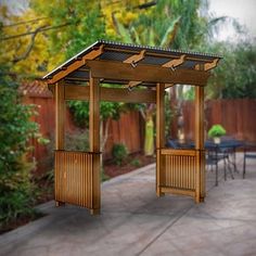 a wooden gazebo sitting on top of a patio