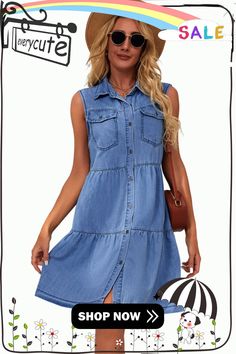 Sky Blue Flap Pockets Button Up Sleeveless Denim Dress Sleeveless Denim Dress, Mini Dresses, Women Dresses, Flap Pocket, Women's Fashion Dresses, Denim Dress, Sky Blue, Blue Sky, Dresses Mini