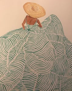 a drawing of a woman in a blue dress and straw hat sitting on top of a wave